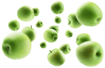 Green apples levitate on a white background