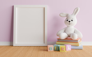 Mock up poster frame with cute rabbit for a girl baby shower 3D rendering