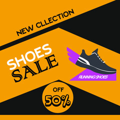Advertising web banner design with 50% discount offer on brown abstract background for Running Shoes.
