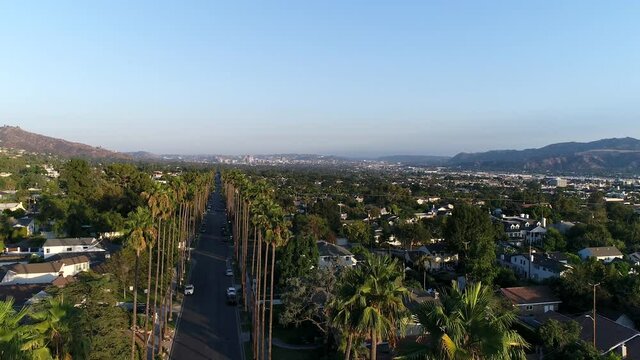 Aerial drone view of Burbank, California above palm trees