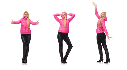 Pretty girl in winter pink jacket isolated on white