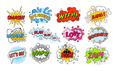 Comic speech bubble. Speech clouds with quotes, exclamations, , surprise, admiration, anger, sound effects pop art. Cartoon pattern with comic speech bubble, boom, burst clouds.
