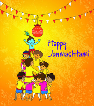 Vector illustration of Lord Krishna playing dahi handi with friend in Happy Janmashtami festival background of India