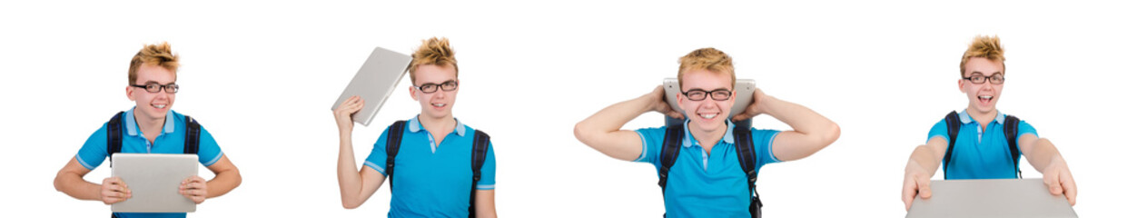 Student with laptop isolated on white