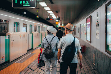 Sapporo, Hokkaido Japan - September 2nd 2019: An elderly Japanese couple walking along a train platform in Sapporo. - obrazy, fototapety, plakaty