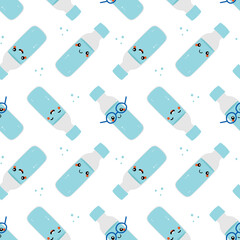 Cute cartoon style bottles of water characters and dots vector seamless pattern background. Drink more water concept.