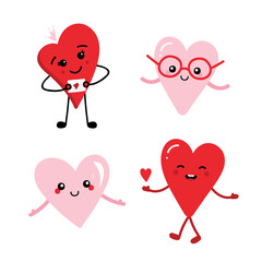Set, collection of cute and smiling cartoon style heart characters for romantic love, friendship and Valentines Day design. 
