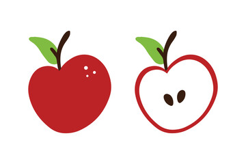 Fresh red apples set, collection. Whole and cut in half apples vector icons, illustration.