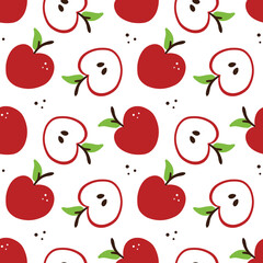 Cute cartoon fresh red apples with leaves whole and cut in half vector seamless pattern background.