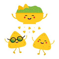 Set, collection of cute cartoon style nachos and guacamole characters, cute and smiling for mexican food design.
