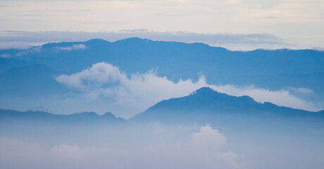 blue sky with clouds and mist