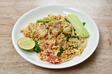 fried rice pork and Chinese kale with egg on plate