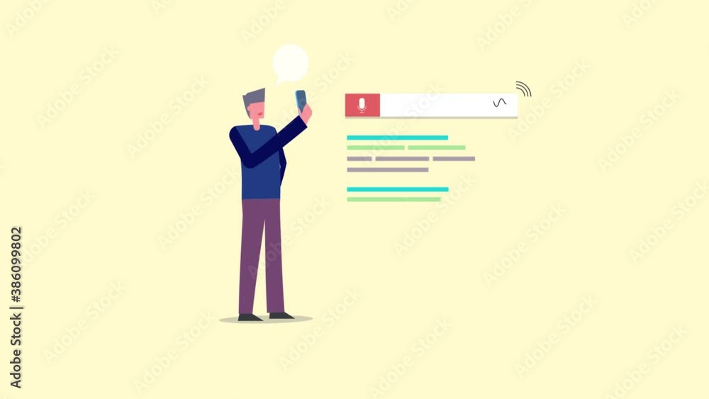 Poster man using voice search technology with smartphone. 2d animation, explainer video clip.