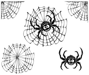 black silhouette of a spider hanging on a web. 8 paws, eyes and a smile. Spider on a web, spider separately and web separately. Vector image on a white background, cartoon.