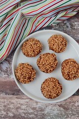 Quinoa puff almond butter chocolate sweet dessert served with hot tea