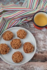 Quinoa puff almond butter chocolate sweet dessert served with hot tea