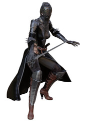 3D rendered fantasy character. Fantasy warrior woman with armor and sword. Dark Knight.