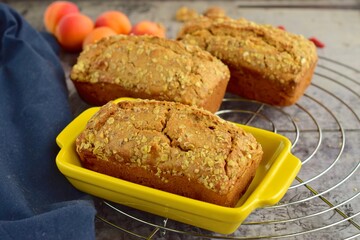 Apricot walnut goji berry oat loaf cake. Selective focus