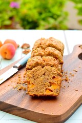 Apricot walnut goji berry oat loaf cake. Selective focus