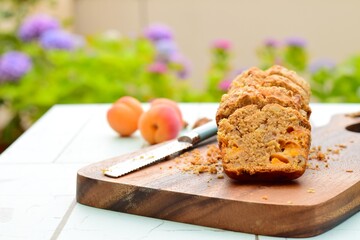 Apricot walnut goji berry oat loaf cake. Selective focus