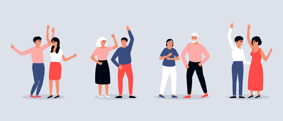 Obraz premium Set of dancing pairs of men and women. People move to the beat of the music. Festive mood. Happy dancing people. Holiday flat vector illustration.