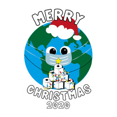 Merry Christmas 2020 - Cute Earth Planet in mask with toilet paper christmas tree. Funny greeting card for Christmas and new Year in covid-19 pandemic self isolated period. 