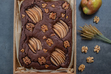 sweet Chocolate Brownie with pears and walnuts