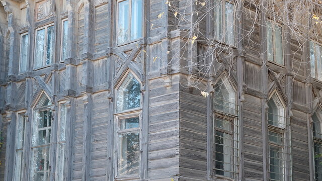 Details and elements of the facade of the building.
Russian architecture, background image for web design.