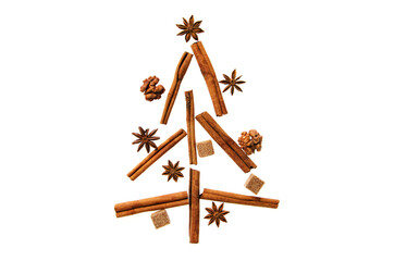 Christmas tree made of cinnamon sticks anise and sugar cubes on white background