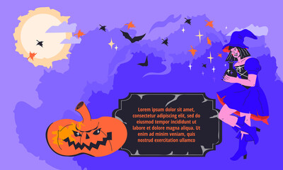 Holiday Halloween banner design with pumpkin lantern monster and witch girl, flat cartoon vector illustration. Halloween background or banner template.
