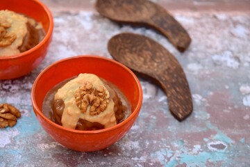 Banana chocolate peanut butter ice cream with walnut
