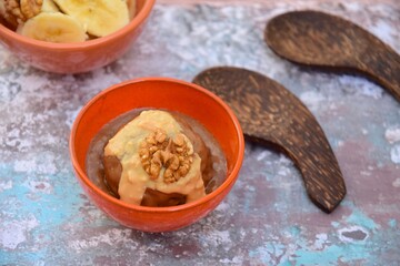 Banana chocolate peanut butter ice cream with walnut