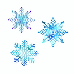 Christmas snowy background with snowflakes. Hand drawn elements. Watercolour style digital painting. Isolated on white.
