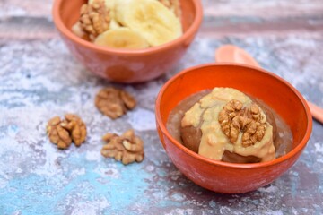 Banana chocolate peanut butter ice cream with walnut