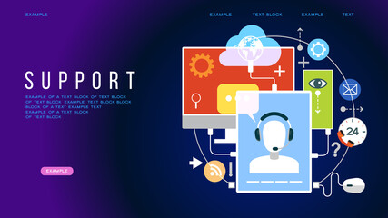 Concept illustration for support. Customer service landing page. Assistance, call center. Fat style