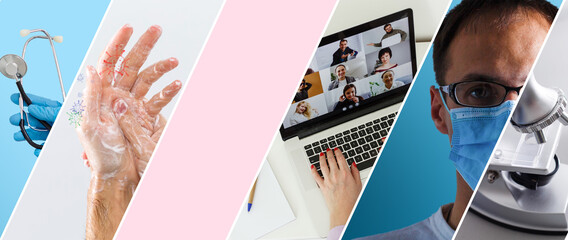 Coronavirus COVID-19 image set banner in concept of prevention information including safety precaution and doctor service to prevent spreading infection of covid-19 or 2019 Coronavirus Disease.