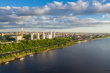 Naklejka premium Top view of Perm, the mouth of the Kama River, Perm Territory. Aerial view, drone.