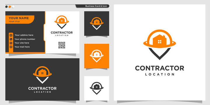 Contractor logo with pin location outline style and business card design Premium Vector