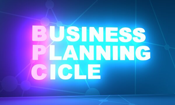 BPC - Business planning cicle acronym. Business concept background. 3D rendering. Neon bulb illumination