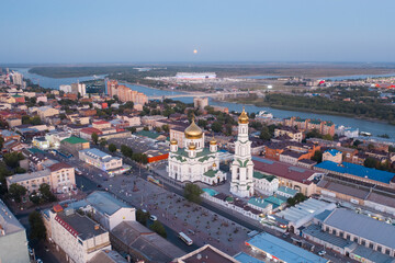 ROSTOV-ON-DON, RUSSIA - SEPTEMBER 2020: Panoramic view of the central part of Rostov-on-Don. Central Market, Cathedral of the Nativity of the Blessed Virgin, drone aerial view.