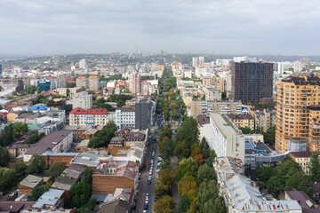 Fototapeta na wymiar Aerial view from drone, Pushkinskaya street, the main pedestrian street of the city