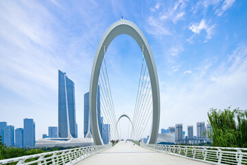 Eye of Nanjing Pedestrian Bridge and urban skyline in Nanjing, China