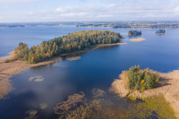 Naklejka na ściany i meble Autumn landscape on Lake Vuoksa, Russian nature