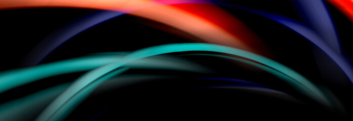 Dynamic motion abstract background. Color blurred stripes on black. Wave liquid lines poster. Vector illustration