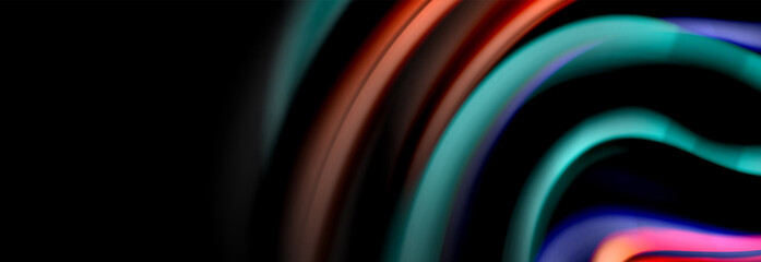 Dynamic motion abstract background. Color blurred stripes on black. Wave liquid lines poster. Vector illustration