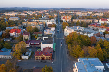 Scenic aerial view of small ancient touristic town Sortavala near Ladoga lake in Karelia. Popular historic city on the North of Russian Federation