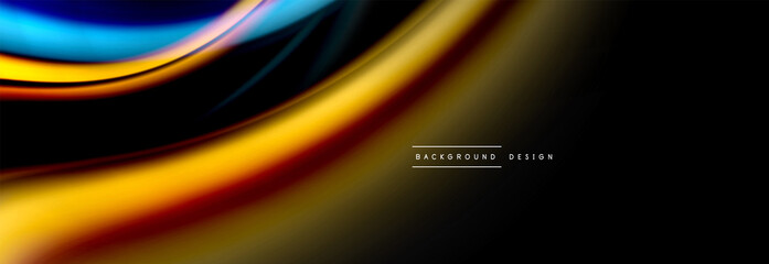 Dynamic motion abstract background. Color blurred stripes on black. Wave liquid lines poster. Vector illustration