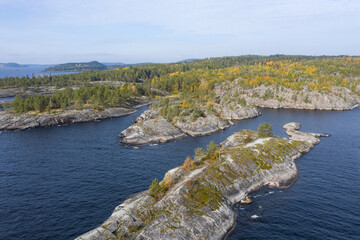Fototapeta premium Panorama of Karelia on a Sunny day. View of Karelia from a height. nature of Russia. lake Ladoga. Islands in lake Ladoga. Trip to Russia.