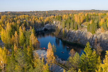 Autumn view of the quarry in the Ruskeala mountain park. A popular tourist destination in Karelia, the nature of the Russian north.