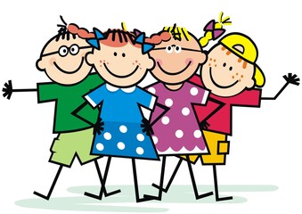 Four happy kids, girls and boys, funny color vector illustration on white background.